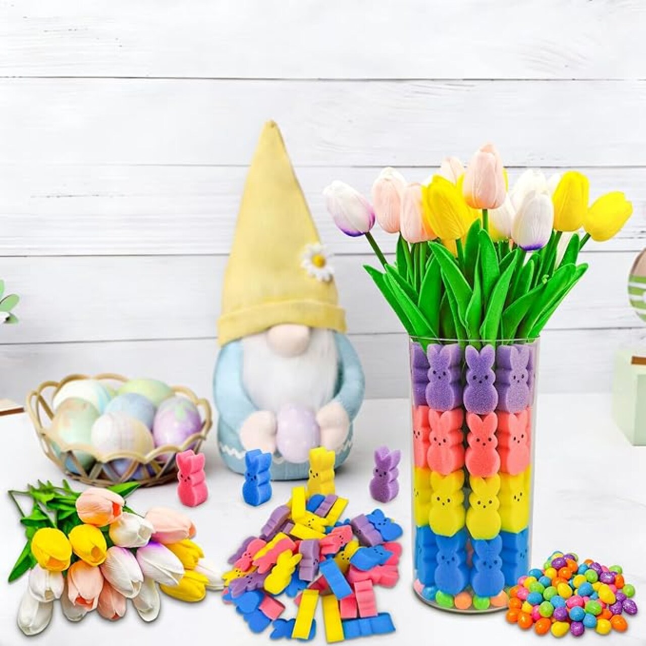 Easter Decorations, A Set of 16 Tulips, 48 ​​​​​​​​Bunnies, and A Bag of Easter Egg Vase Stuffing, Spring Easter Bunny Eggs Interior Decorative Table Ornaments (Easter)